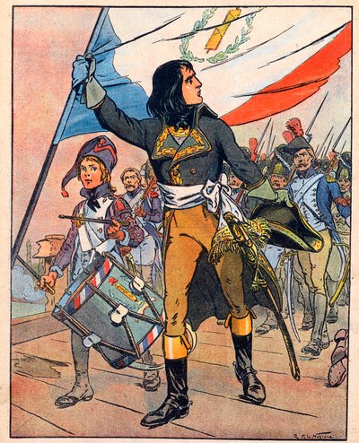 最初のイタリア遠征：ナポレオン・ボナパルト（1769-1821）、1796年11月、アルコール橋の戦い」（1920年頃の「Nos-Gloires-Nationales」より引用）（エングレーヴィング 作： Raymond de la Neziere