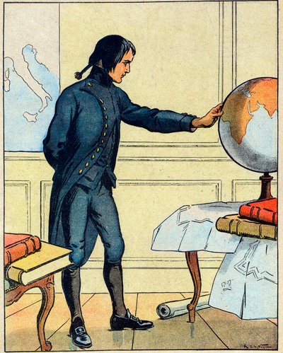 19歳の時、ブリエンヌの学校で地球儀を見るナポレオン・ボナパルト（1769-1821）。 作： Raymond de la Neziere