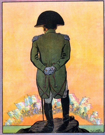 セントヘレナ島でのナポレオン1世（1769-1821）の肖像。サント・ヘレーヌ島でのナポレオン1世（1920年頃の「Nos-Gloires-Nationales」より）（エングレーヴィング） 作： Raymond de la Neziere