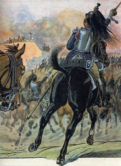 第五連合戦争「ヴァグラムの戦い（1809年7月5-6日）」（ナポレオン戦争：ワグラムの戦い（1809年7月5-6日）」 レイモン・ド・ヌジエールによる挿絵（「我らの栄光-国民」1920年 DR個人蔵 作： Raymond de la Neziere