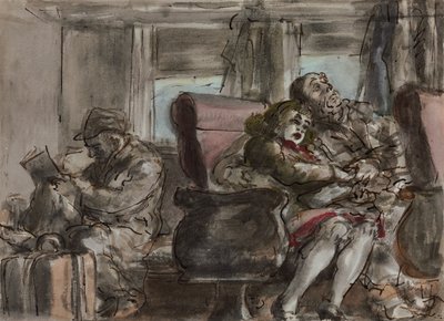 列車の車内の乗客たち （紙に水彩、インク、鉛筆） 作： レジナルド・マーシュ