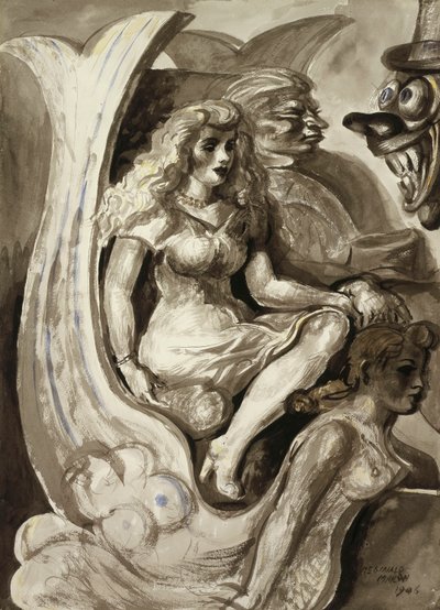 人魚のトンネルボートに乗る人たち：両面水彩画 作： レジナルド・マーシュ
