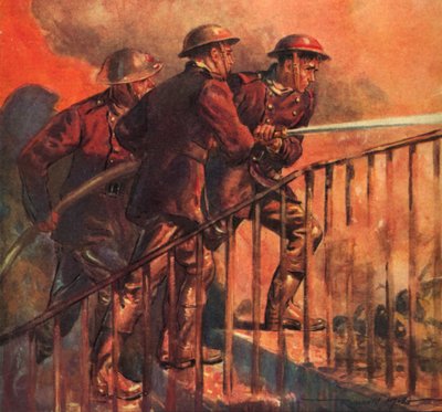 電撃戦、第二次世界大戦中に火事と戦っている戦時国家消防隊のイギリスの消防士 作： Reginald Mills