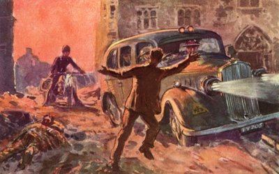 Firemen of the wartime British National Fire Service being alerted to the presence of a badly wounded victim of an air raid, World War II   1451309   ja       japanese Successfully Translated  Original: Archer on Horseback Translat: Archer on Horseback 143 作： Reginald Mills