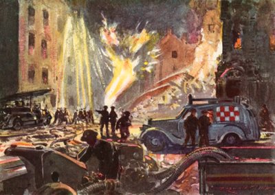 電撃戦、第二次世界大戦中に燃えているガス本管を扱う、戦時中の英国国立消防隊の消防士 作： Reginald Mills