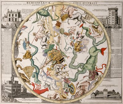 ライナー・オッテンスの『Atlas Maior』（1730年）に掲載された南半球の星図の一部。グリニッジ天文台（左）とコペンハーゲンのラウンド・タワー天文台（右）。 作： Reinier Ottens