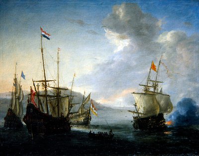 手漕ぎボートの水兵と海軍の交戦（油彩・キャンバス） 作： Reinier Zeeman