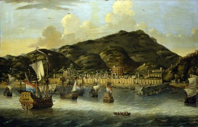 トリポリ（リビア）沖のオランダ船と港と街の城壁。ライニエ・ヌームス（1623-1667）による油絵。 作： Reinier Zeeman