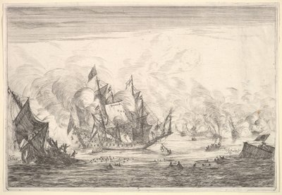 左側にイギリスの船の創設者との海軍の戦い、海軍の戦いNieuwe Sc ...、1652-54から。 作： Reinier Zeeman