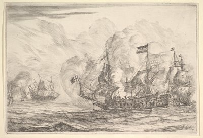 右側の3隻の船との海軍の遭遇、海軍の戦いからNieuwe Scheeps Bat ...、1652-54。 作： Reinier Zeeman