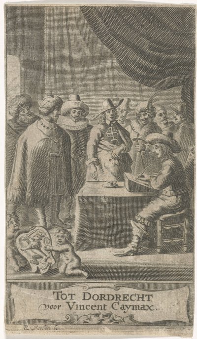 商人, ∥において∥, 机 タイトルページ: J. van der Does e.a., Verscheyde voyagien, orte reysen, 1652 作： Reinier van Persijn