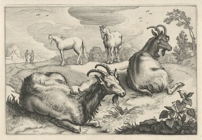 2頭のヤギと2頭の馬のいる風景 Diversa Animalia Quadrupedia (シリーズタイトル) 作： Reinier van Persijn