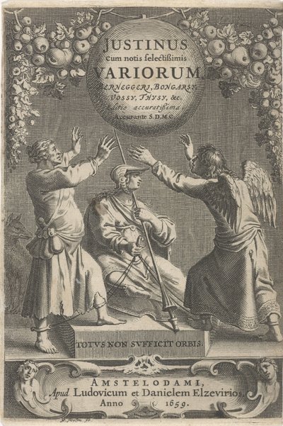 Minerva en twee geketende figuren タイトル: A. Thysius, Justinus cum notis selectissimis variorum Berneggerj, Bongarsy, Vossy, Thysy, &c, 1659 作： Reinier van Persijn
