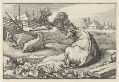 横になっている 3 頭の牛と牧草地 Diversa Animalia Quadrupedia (シリーズタイトル) 作： Reinier van Persijn