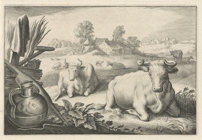 横になっている 2 頭の牛と牧草地 Diversa Animalia Quadrupedia (シリーズタイトル) 作： Reinier van Persijn