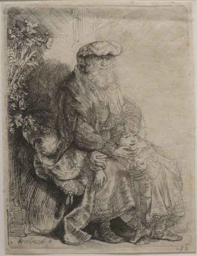 イサクを愛撫するアブラハム」レンブラントによるエッチング、ホノルル美術館蔵 作： Rembrandt