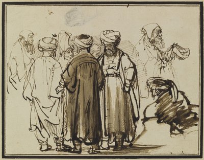 東洋風の衣装を着た男たちと、乞食の半身像の2つの習作。 作： Rembrandt
