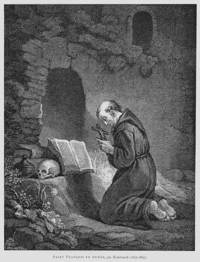 祈りを捧げるアッシジの聖フランシス（リトグラフ 作： Rembrandt Harmensz. van Rijn (after)