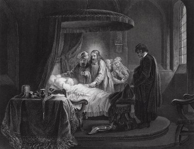 ヤイロの娘のよみがえり、マルコ、第5章、35節、42節（エングレーヴィング） 作： Rembrandt Harmensz. van Rijn (after)