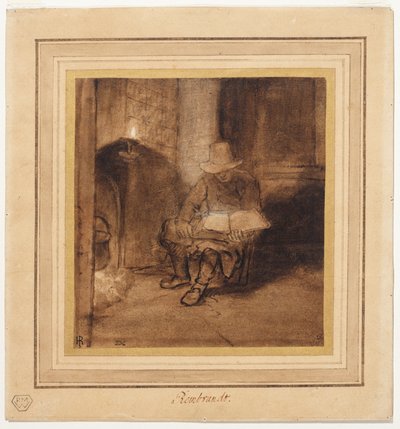 インテリア、焚き火のそばに座り、ランプの明かりで読書する男性（レクト） 作： Rembrandt Harmensz. van Rijn (circle of)