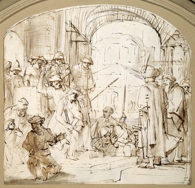 モックされたキリスト」（紙にペン、インク、ウォッシュ 作： Rembrandt Harmensz. van Rijn (school of)