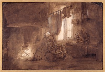 大工の店の聖家族」（紙にペン・インク・ウォッシュ 作： Rembrandt Harmensz. van Rijn (school of)