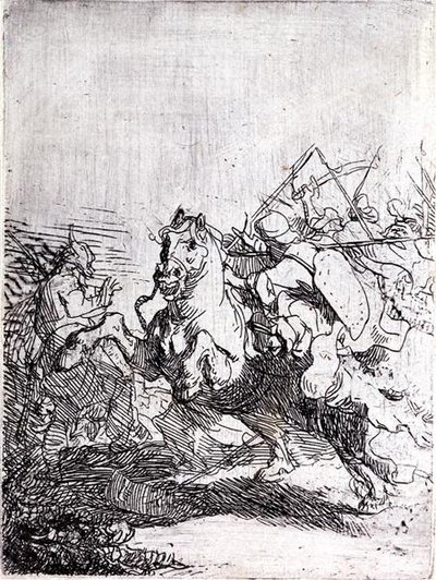 A Cavalry Fight（紙にペンとインク 作： Rembrandt Harmensz. van Rijn