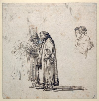 年配の学者のグループと、それとは別に若い男性の横顔（紙にペンとインク）（2636120のrecto 作： Rembrandt Harmensz. van Rijn