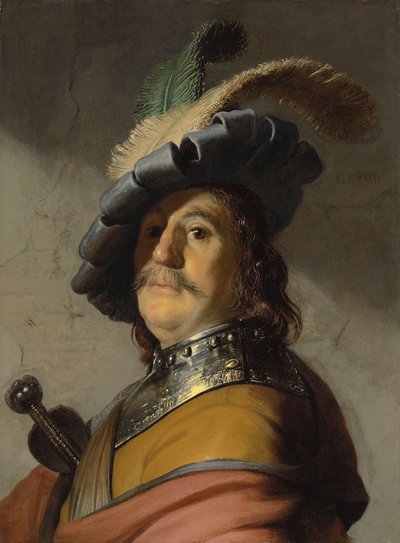 ゴルゲットと帽子をかぶった男（パネルに油彩） 作： Rembrandt van Rijn