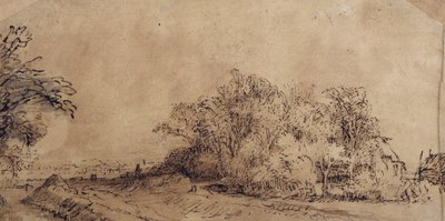 堤防に沿った荒れた道で、木が農家を隠している（紙にペンとインク、ウォッシュ 作： Rembrandt Harmensz. van Rijn