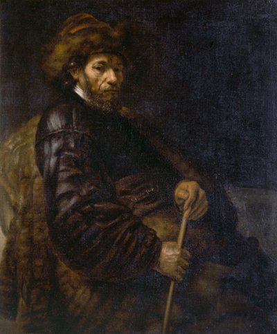 棒を持って座る男（キャンバスに油彩） 作： Rembrandt Harmensz. van Rijn
