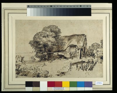 大木のそばにある茅葺きのコテージ、外に座っている人物、1648年～52年頃（紙にペンとインク 作： Rembrandt Harmensz. van Rijn
