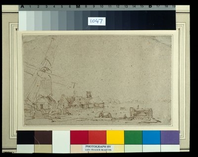 風車と家々（1652-53年頃）（リードペン＆インク、ウォッシュ、紙 作： Rembrandt Harmensz. van Rijn