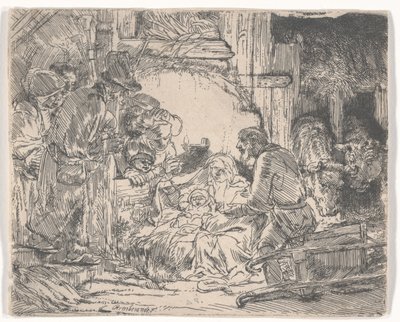 羊飼いたちのランプによる崇拝、1654年頃（エッチング） 作： Rembrandt van Rijn