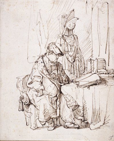 A Actor in his Dressing Room（白い紙にペンと茶色のインク 作： Rembrandt Harmensz. van Rijn