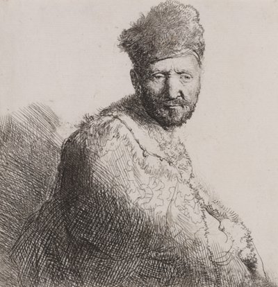 毛皮で覆われたオリエンタルキャップとローブのひげを生やした男 作： Rembrandt van Rijn