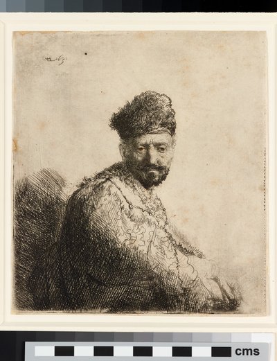 毛皮で覆われた東洋の帽子をかぶったひげを生やした男：芸術家の父 作： Rembrandt van Rijn