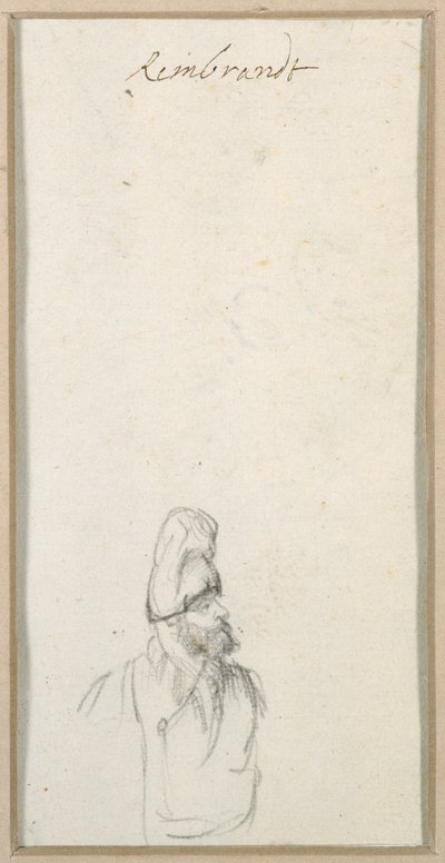 横顔のひげ面の男性、高い帽子をかぶっている、1640年頃（紙に黒チョーク 作： Rembrandt Harmensz. van Rijn