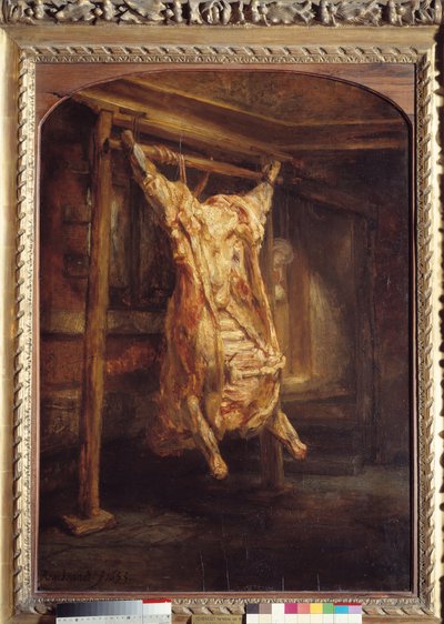 牛肉の皮 牛肉の枝肉をバラバラにする。ハーメンツ・ファン・レインの絵画 レンブラント（1606-1669 作： Rembrandt van Rijn