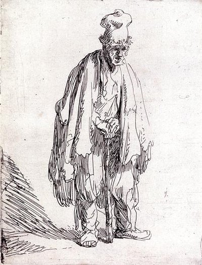 ハイキャップを被った乞食の立ち姿（紙にペン＆インク） 作： Rembrandt Harmensz. van Rijn