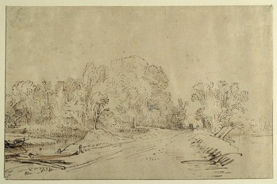 ボート、堤防の道、木がある運河（紙にリードペン＆インク、ウォッシュ 作： Rembrandt Harmensz. van Rijn
