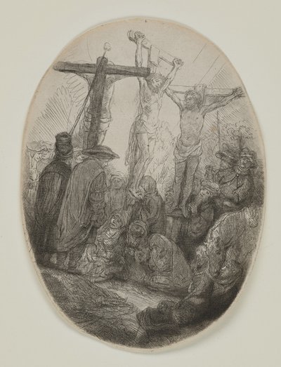 2人の泥棒の間で十字架につけられたキリスト：楕円形のプレート、c.1641（エッチングとドライポイント） 作： Rembrandt van Rijn