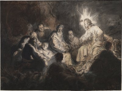 レンブラント・ファン・ライン（1606-1669）によるゲッセマネの園のキリストとその弟子たち。 ペン、ブラシ、灰色と茶色、紙に水彩、1634年頃。寸法: 35,7x47,8 cm。 タイラーズ美術館、ハーレム 作： Rembrandt Harmensz. van Rijn