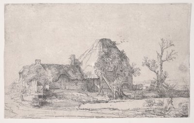 男がスケッチしたコテージと農場の建物、1645年頃（エッチング） 作： Rembrandt van Rijn