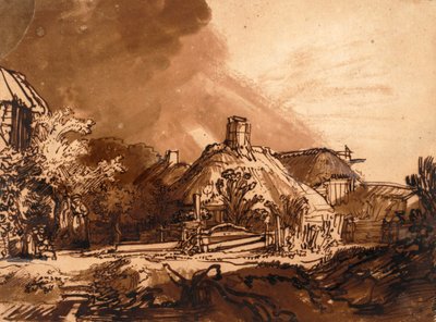 嵐の前のコテージ（ペン＆インク 作： Rembrandt van Rijn