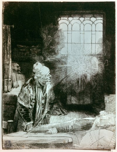 工房のファウスト博士 レンブラント・ハルメンシュ・ファン・レイン（1606-1669）の銅版画。窓の前に現れた光り輝く円盤は、発見された金属製のお守りの文字をコピーしたもので、その意味はレンブラントを魅了してやみません。 作： Rembrandt van Rijn