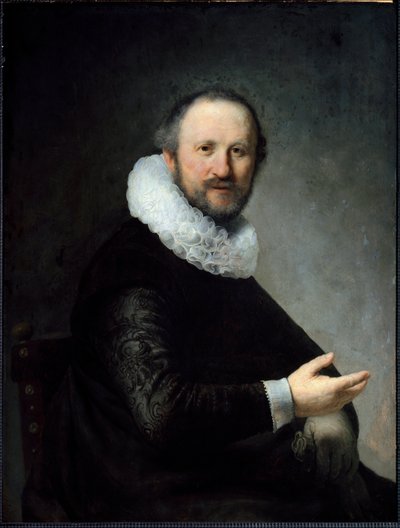 手袋を持ち、ラフを着ているオランダ人ブルジョワ。(絵画 作： Rembrandt van Rijn