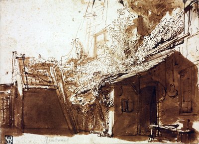 光と影の農家 - レンブラント・ファン・ライン (1606-1669) - 1635-1636 - 紙にペン、ブラシ、茶色 - 16.2x22.5 cm - Szepmuveszeti Muzeum、ブダペスト 作： Rembrandt Harmensz. van Rijn