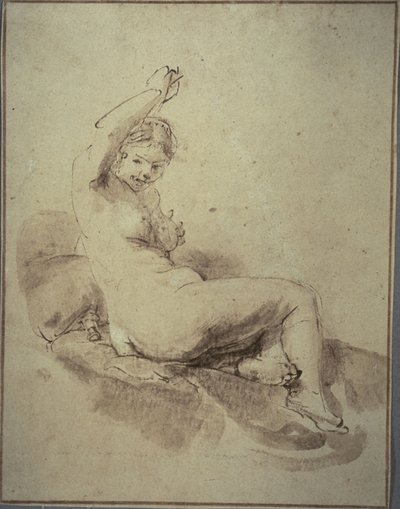 腕を上げてリクライニングする女性ヌード、1665年頃（ペンと茶色のインクとブラシと茶色のウォッシュ、黄褐色の紙の上） 作： Rembrandt Harmensz. van Rijn