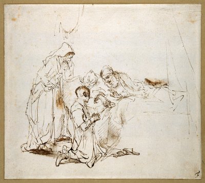 イサクがヤコブを祝福する（紙に黒チョーク 作： Rembrandt Harmensz. van Rijn